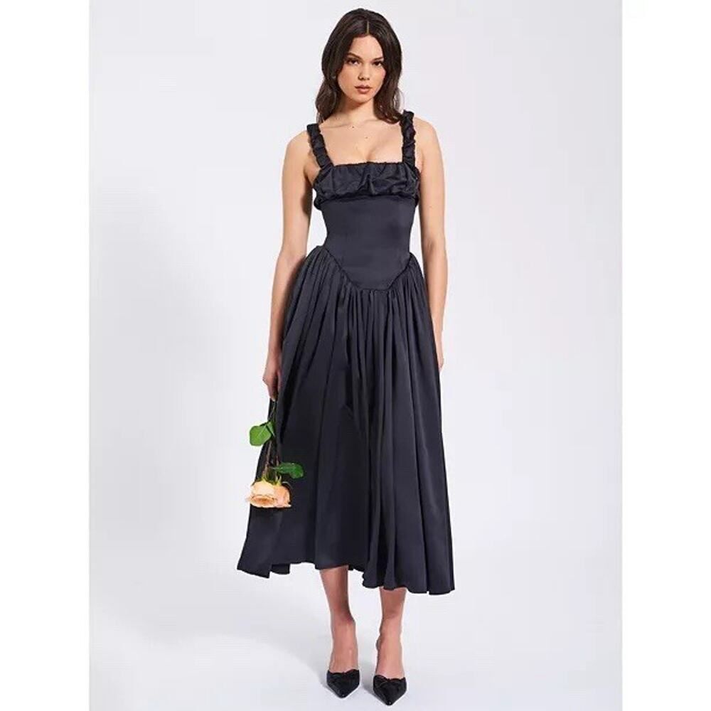 NWT Miss Circle Noreen Black Satin Drop Waist Maxi Corset Formal Dress XS
